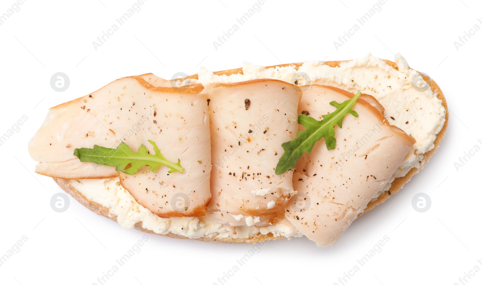 Photo of Delicious chicken bruschetta on white background, top view