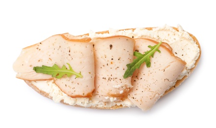 Photo of Delicious chicken bruschetta on white background, top view