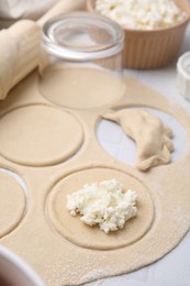 Process of making dumplings (varenyky) with cottage cheese. Raw dough and ingredients on white table, closeup