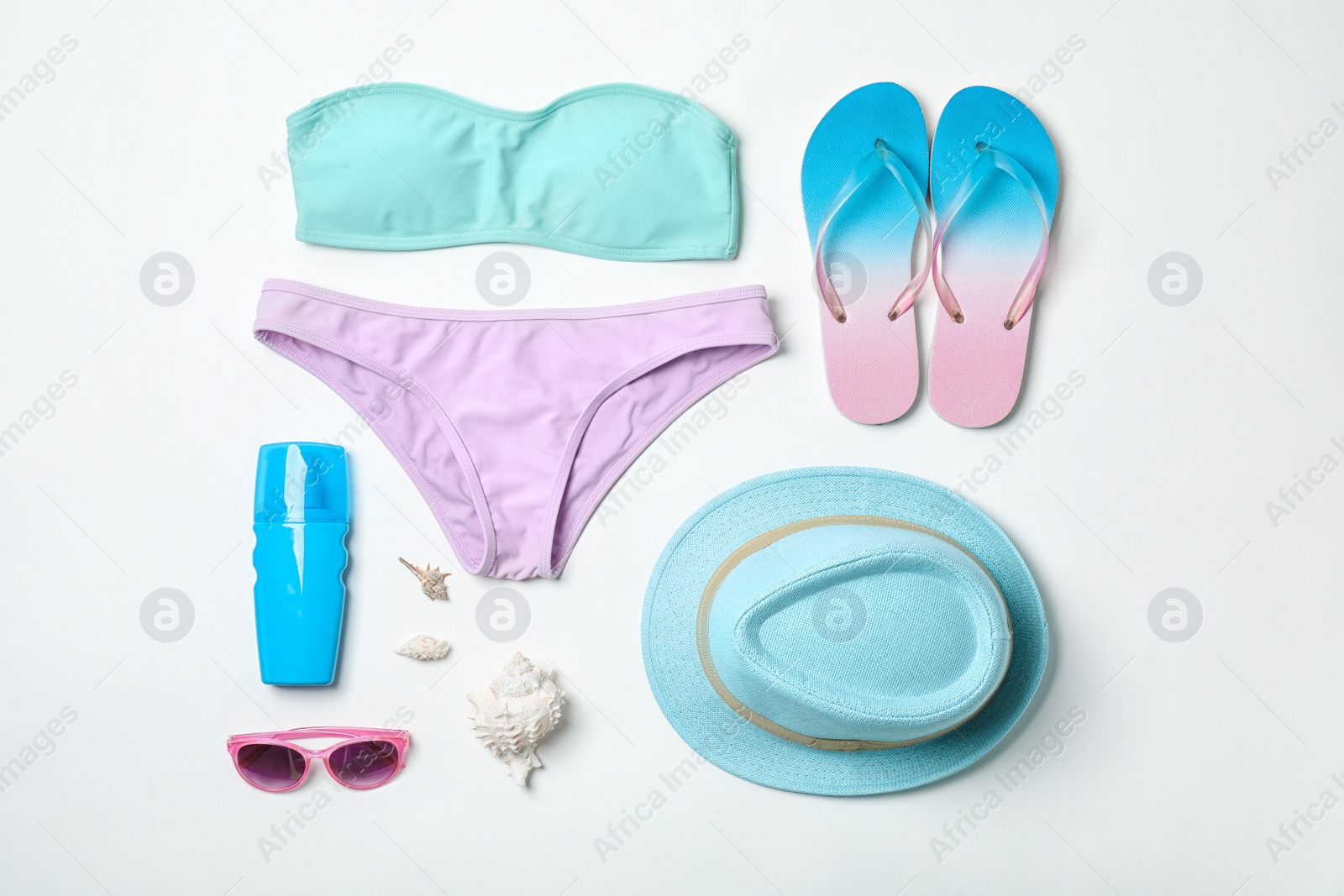 Photo of Composition with beach objects on white background