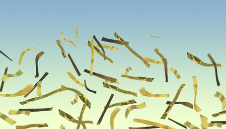 Image of Shiny golden confetti falling on gradient blue background. Banner design