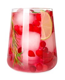 Tasty cranberry cocktail with ice cubes, rosemary and lime in glass isolated on white
