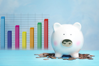 Image of White piggy bank with coins and graph on light blue background