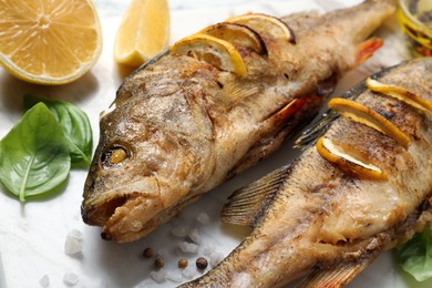 Photo of Tasty homemade roasted perches served on white board, closeup. River fish