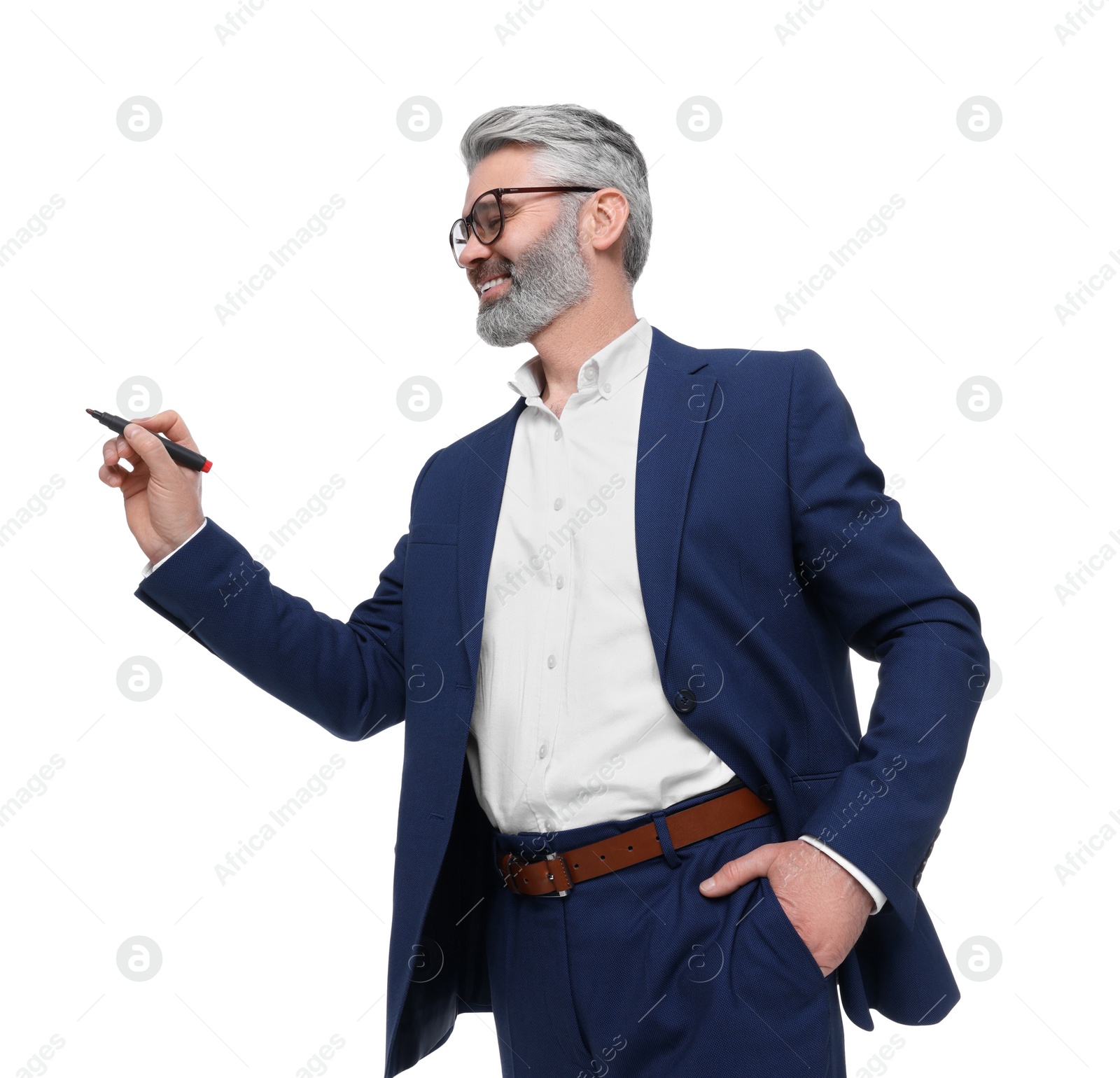 Photo of Mature businessman with marker on white background, low angle view