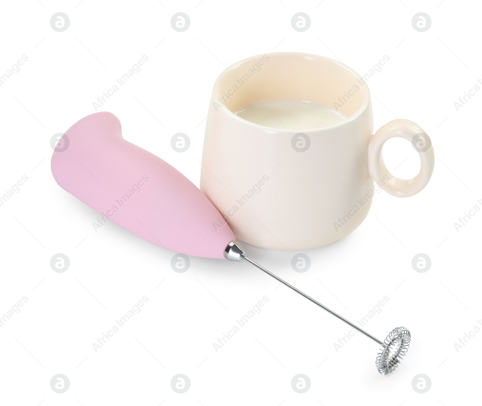 Photo of Milk frother wand and cup isolated on white