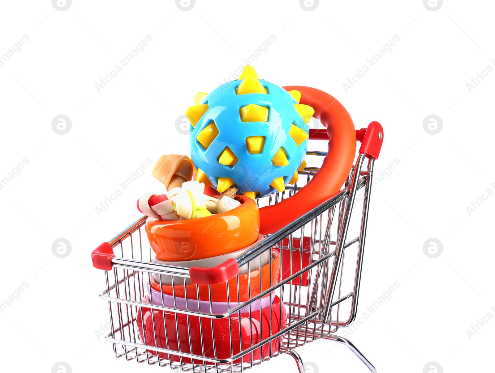 Photo of Different pet goods in shopping cart isolated on white. Shop items