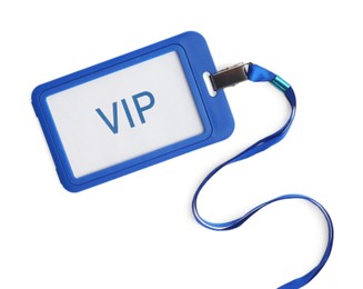 Photo of Blue vip badge isolated on white, top view