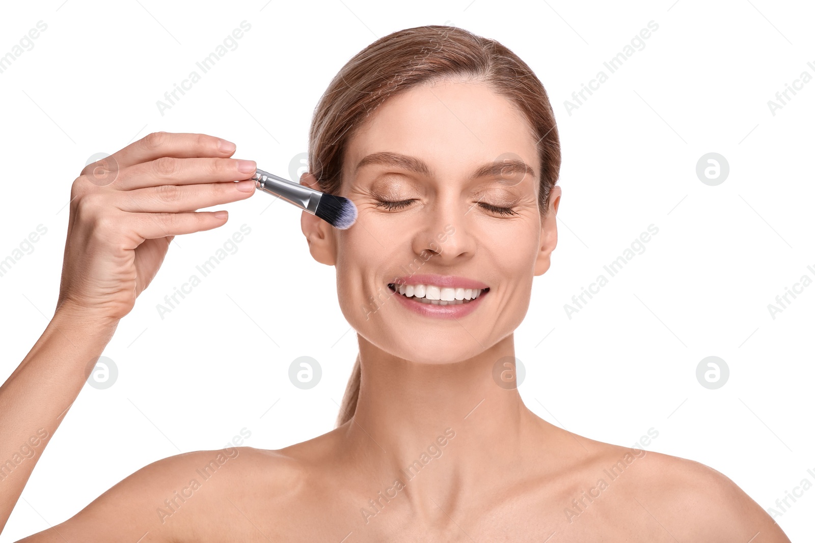 Photo of Woman with makeup brush on white background