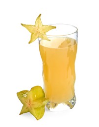 Delicious carambola juice in glass on white background