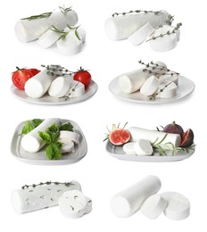 Image of Set with delicious goat cheese on white background