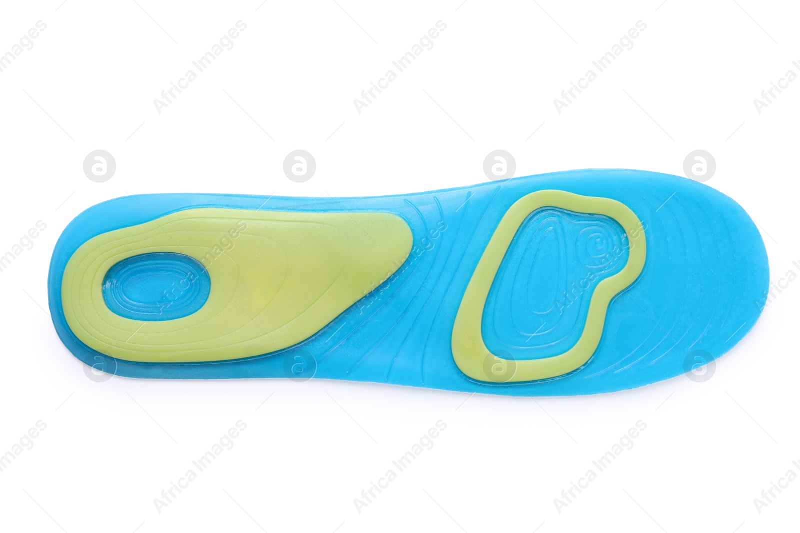 Photo of Light blue orthopedic insole isolated on white, top view