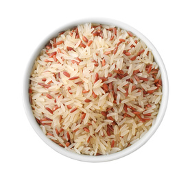 Photo of Mix of brown and polished rice in bowl isolated on white, top view