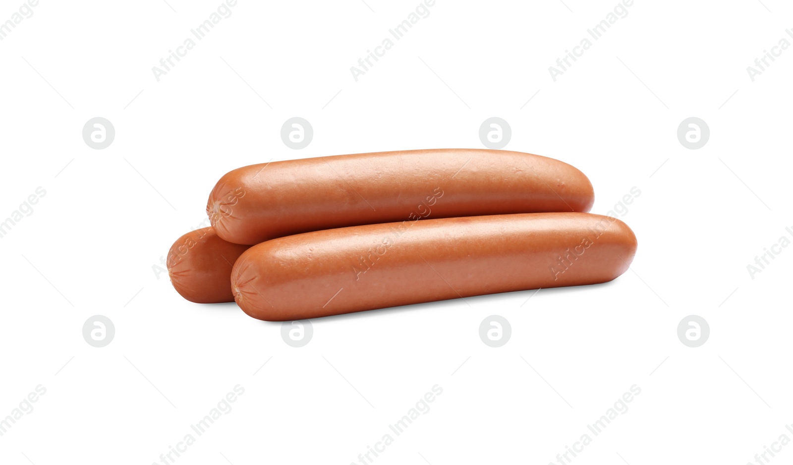 Photo of Fresh raw sausages isolated on white. Ingredients for hot dogs