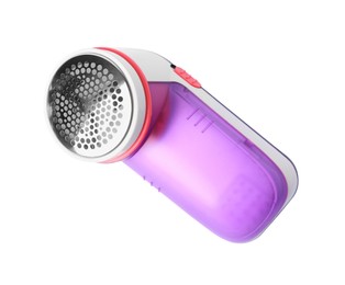 Photo of Modern violet fabric shaver on white background