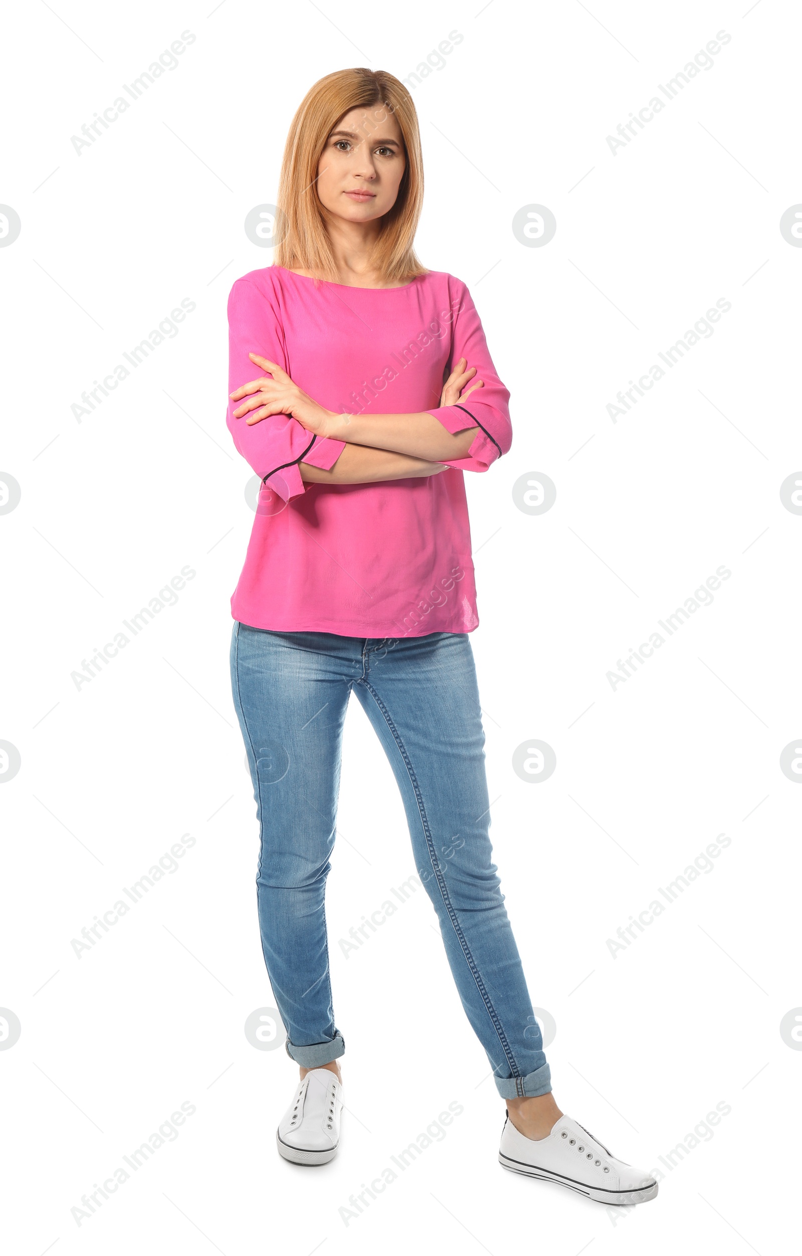 Photo of Full length portrait of beautiful woman posing on white background