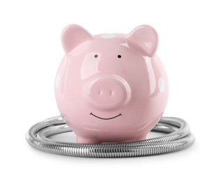 Photo of Water scarcity concept. Piggy bank and shower hose isolated on white