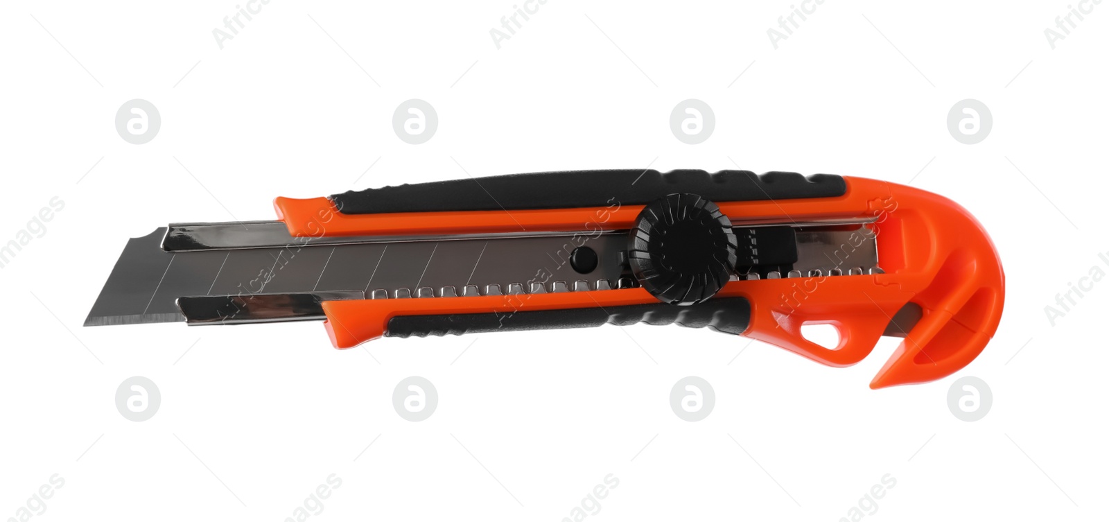 Photo of Orange utility knife isolated on white. Construction tool