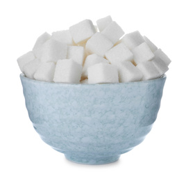 Photo of Refined sugar cubes in bowl isolated on white
