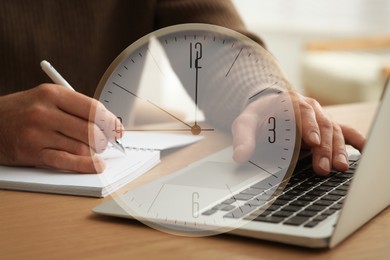 Image of Double exposure of man working with laptop and clock