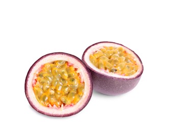 Photo of Cut fresh passion fruit on white background