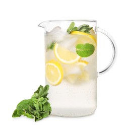 Freshly made lemonade with mint in jug isolated on white