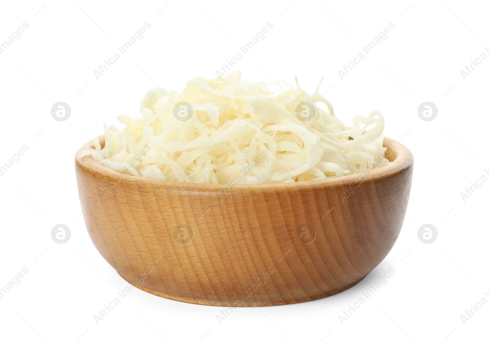 Photo of Wooden bowl of tasty fermented cabbage isolated on white