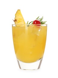 Glass of tasty pineapple cocktail with rosemary and cherry isolated on white