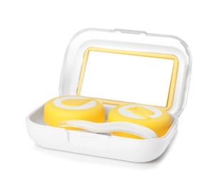 Photo of Container with contact lenses and tweezers on white background. Medical item