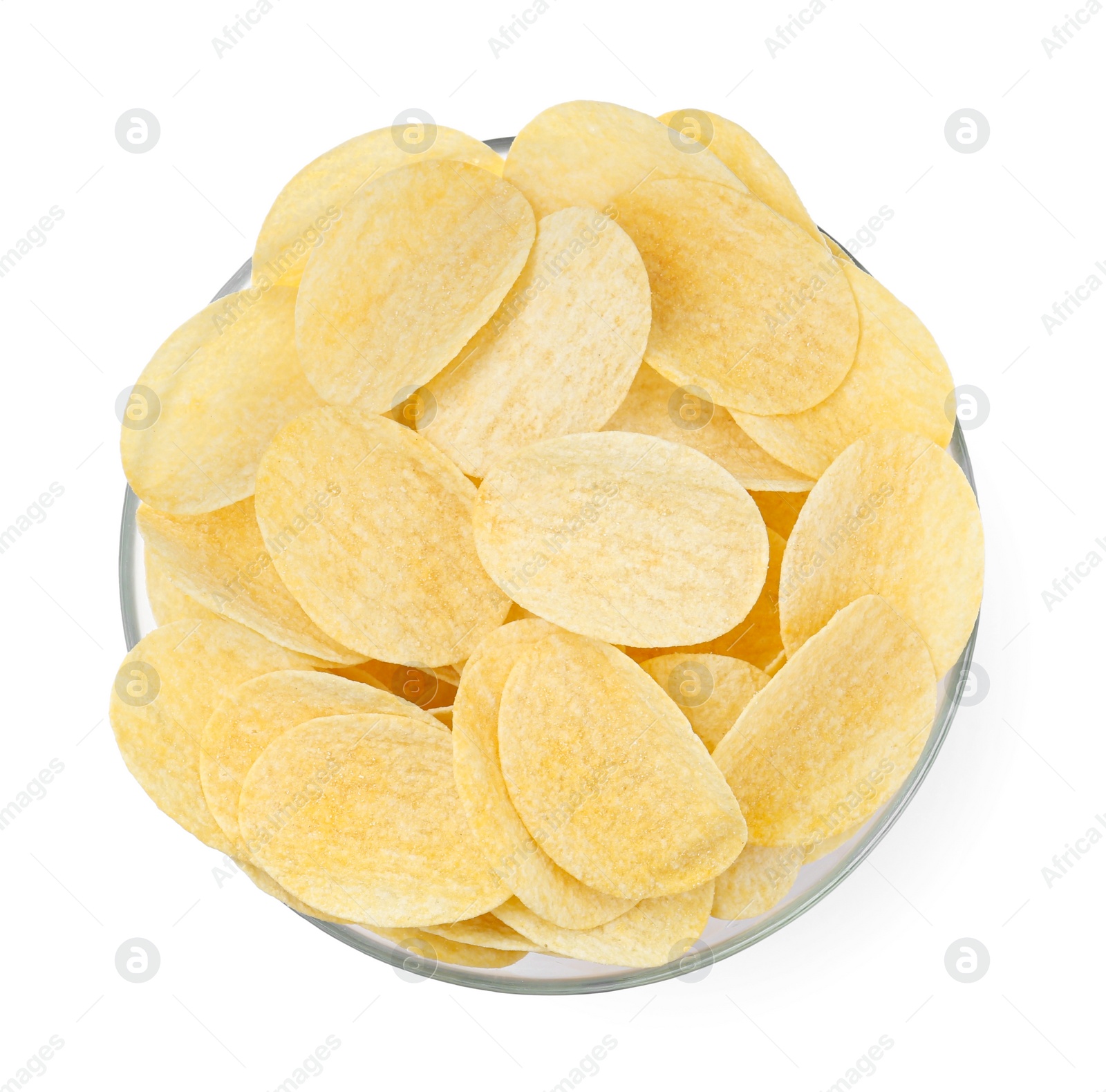 Photo of Bowl with delicious potato chips isolated on white, top view