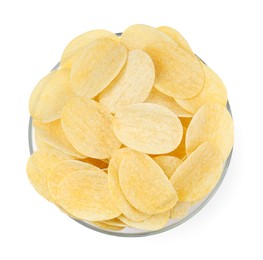 Bowl with delicious potato chips isolated on white, top view