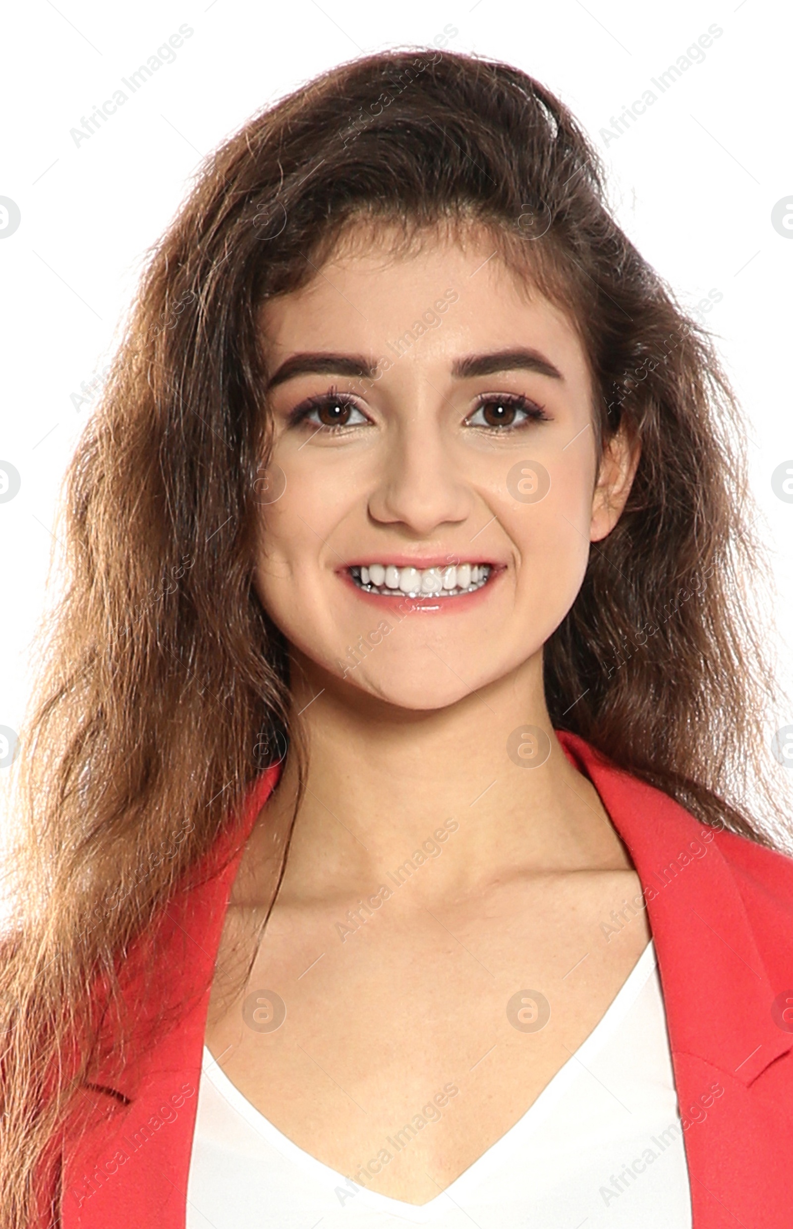 Image of Passport photo. Portrait of woman on white background