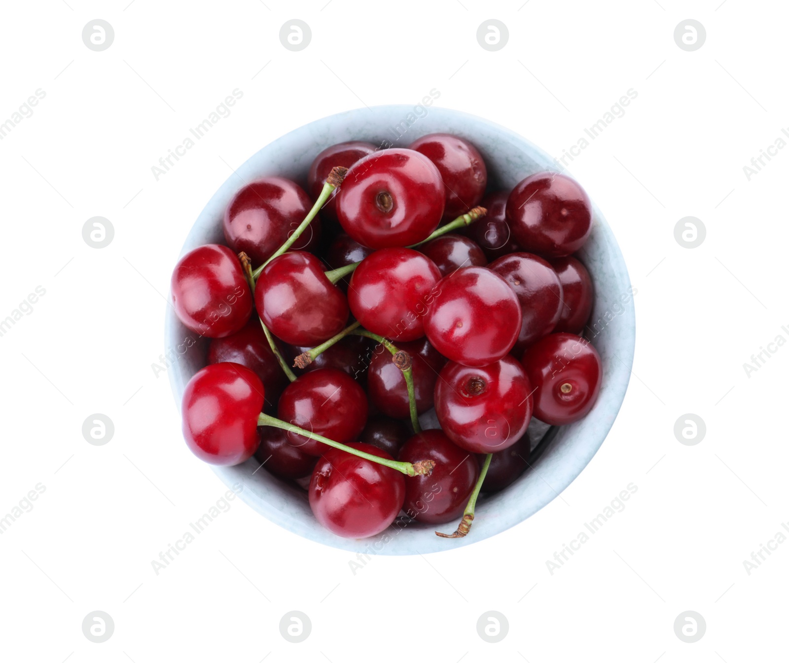 Photo of Sweet juicy cherries in bowl isolated on white, top view