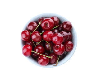 Sweet juicy cherries in bowl isolated on white, top view