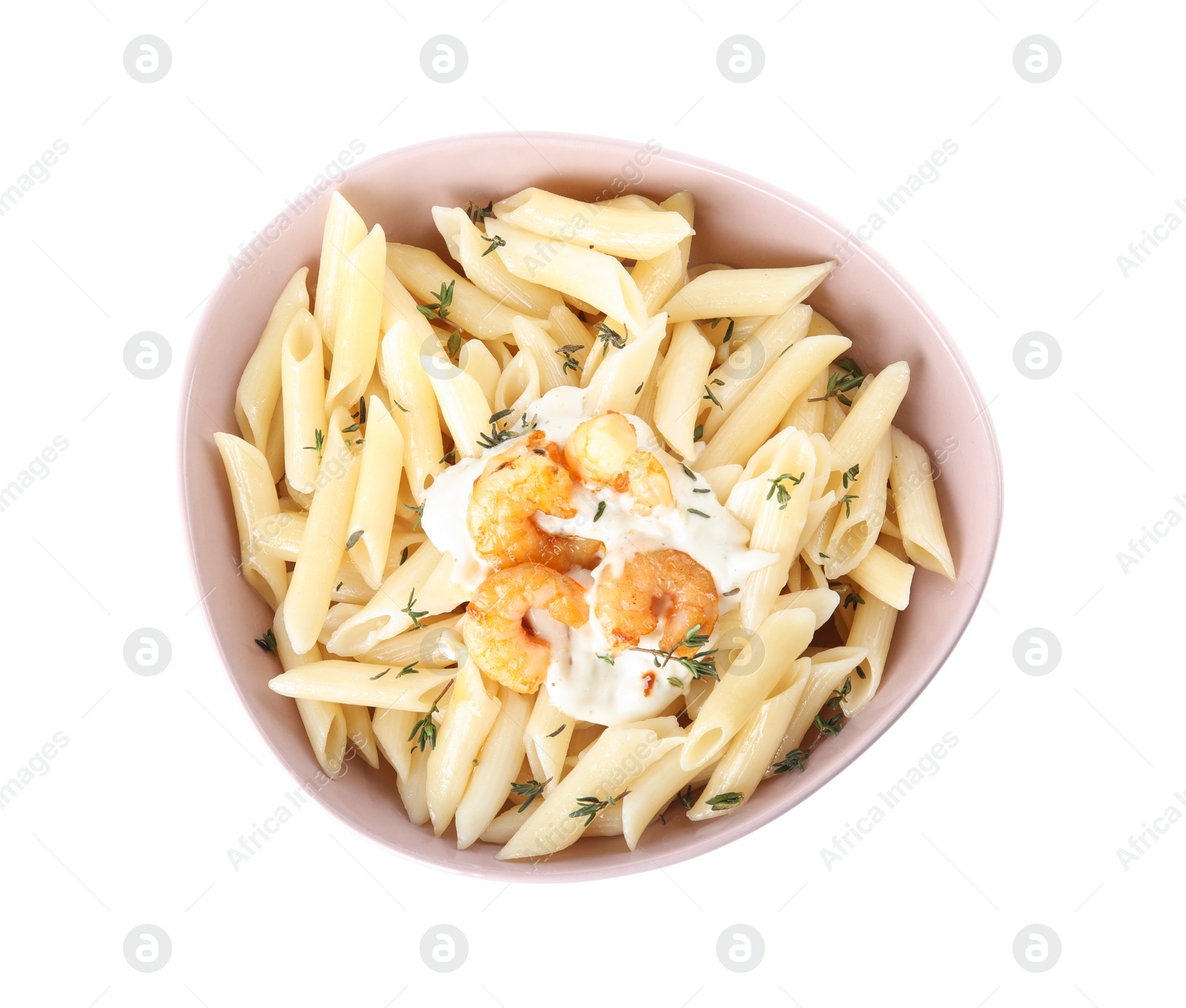 Photo of Delicious pasta with shrimps isolated on white, top view