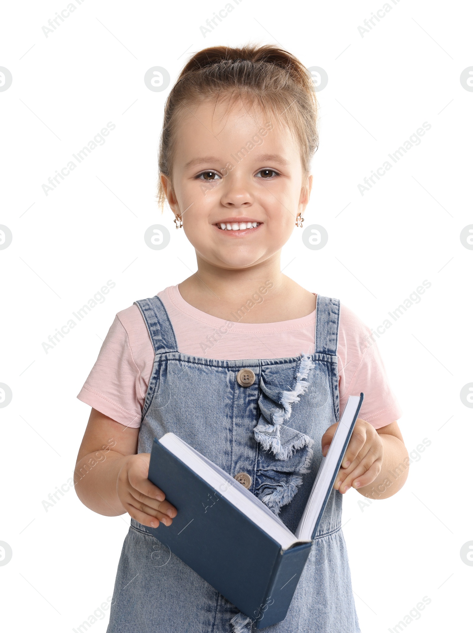 Photo of Cute little girl with book on white background