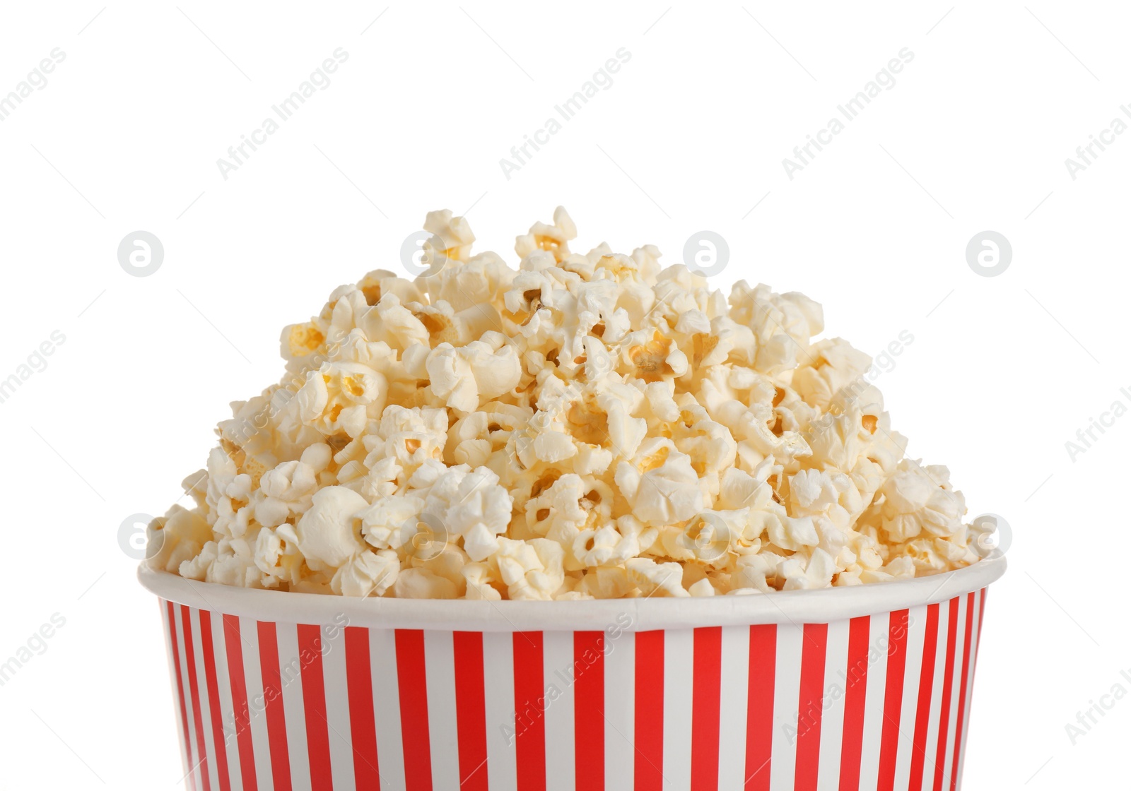 Photo of Delicious popcorn in paper bucket isolated on white, closeup