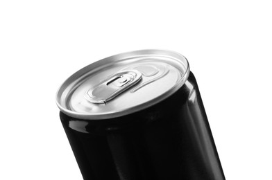 Photo of Black can of energy drink isolated on white, closeup
