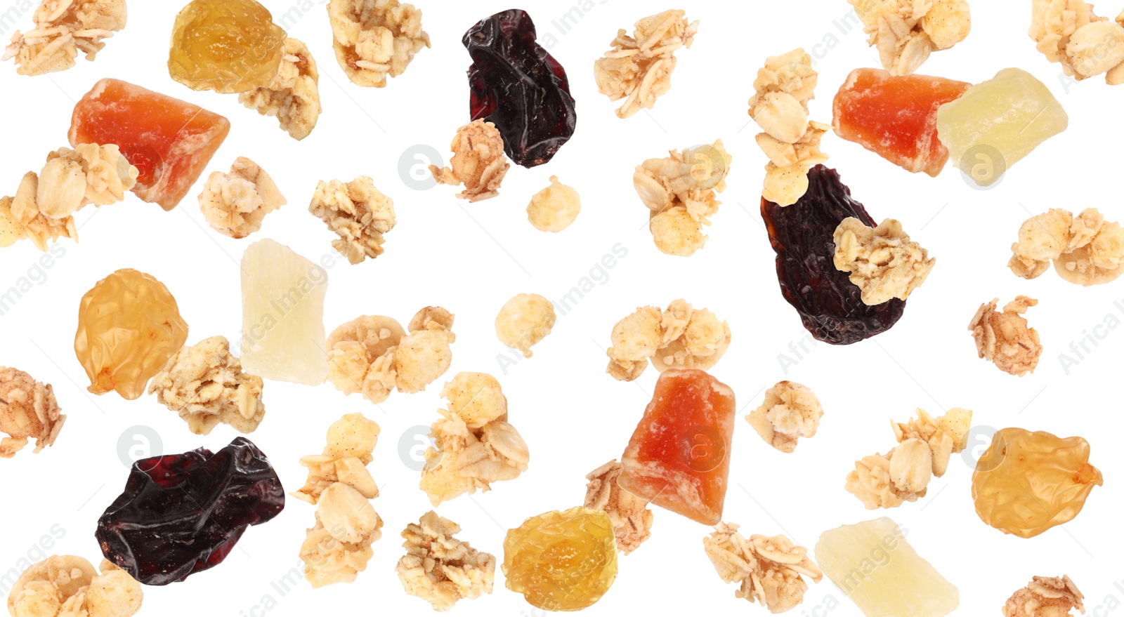 Image of Delicious granola and dried fruits falling on white background. Banner design