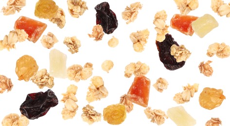 Image of Delicious granola and dried fruits falling on white background. Banner design