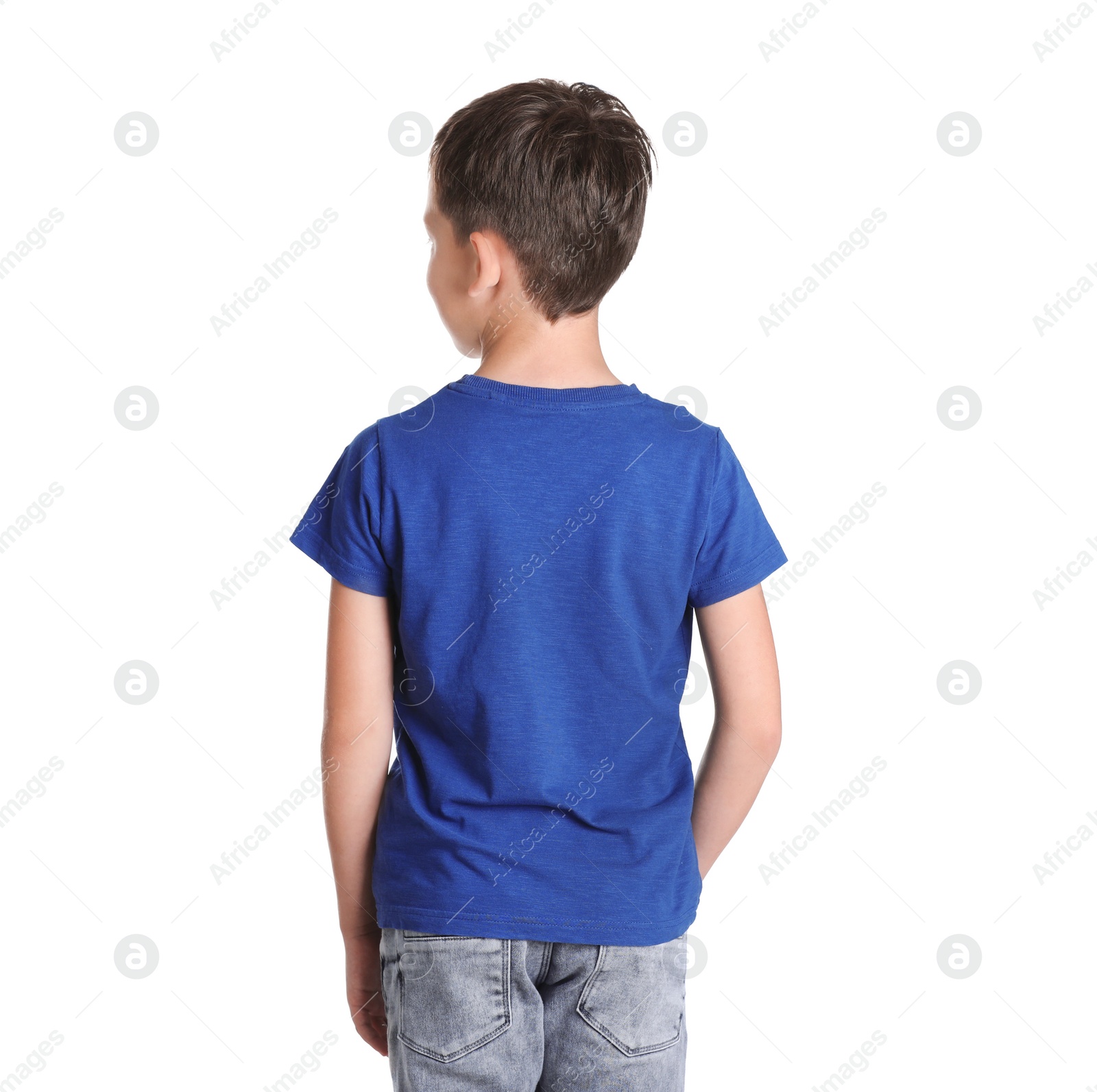 Photo of Little boy in t-shirt on white background. Mock-up for design