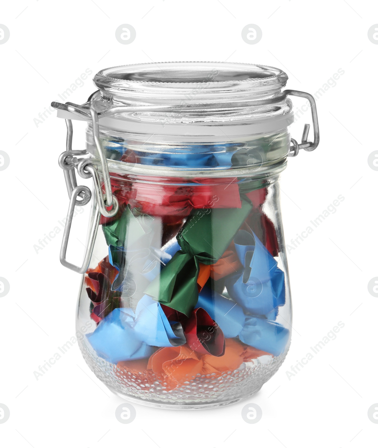 Photo of Glass jar with candies in colorful wrappers isolated on white