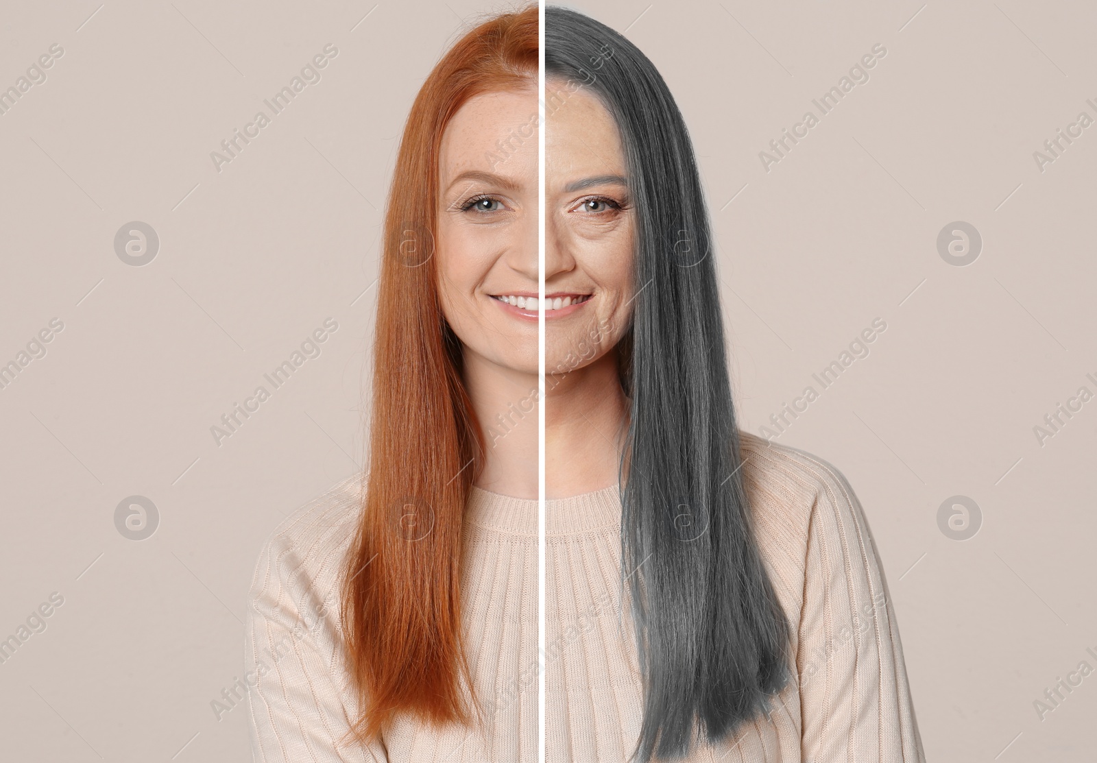 Image of Changes in appearance during aging. Portrait of woman divided in half to show her in younger and older ages. Collage design on beige background