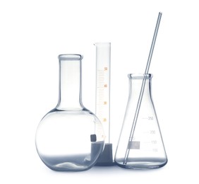 Photo of Empty clean laboratory glassware on white background