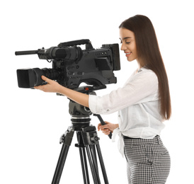 Operator with professional video camera on white background