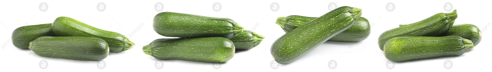 Image of Set of fresh ripe zucchinis on white background. Banner design