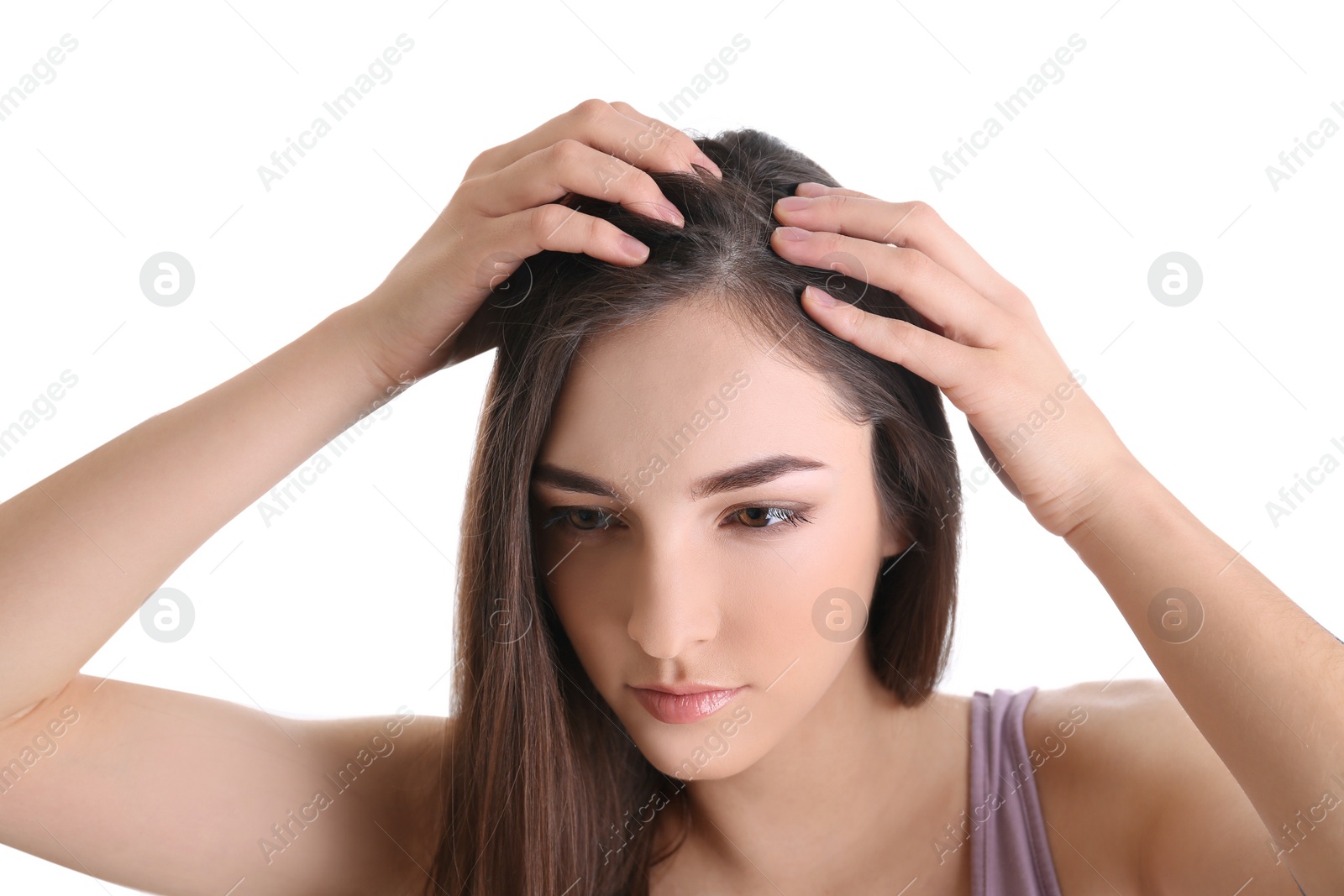 Photo of Young woman with hair loss problem on white background