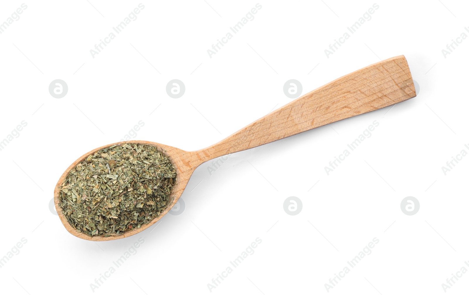 Photo of Spoon with dried parsley on white background, top view