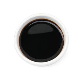 Tasty soy sauce in bowl isolated on white, top view