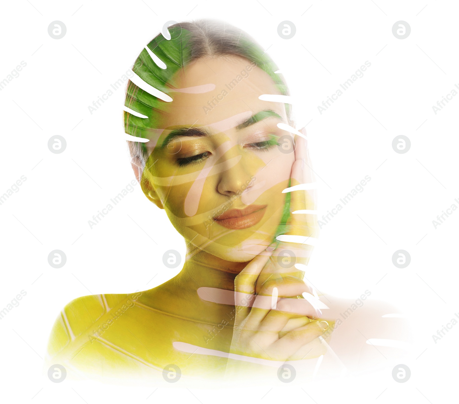 Image of Beautiful woman and tropical leaf on white background. Double exposure
